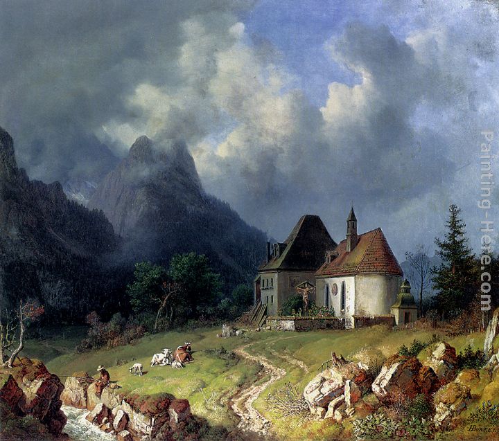 Heinrich Burkel Das Kirchlein von Hinterriss, Im Hintergrund das Wettersteingebirge